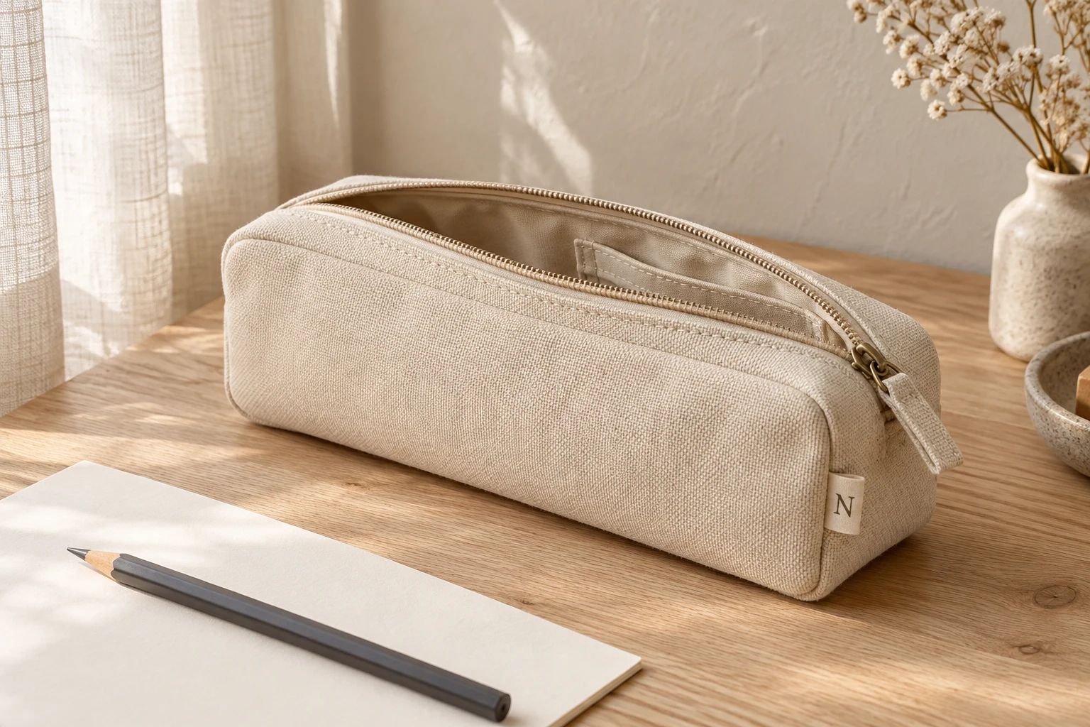 Canvas stationery storage in an understated everyday workspace